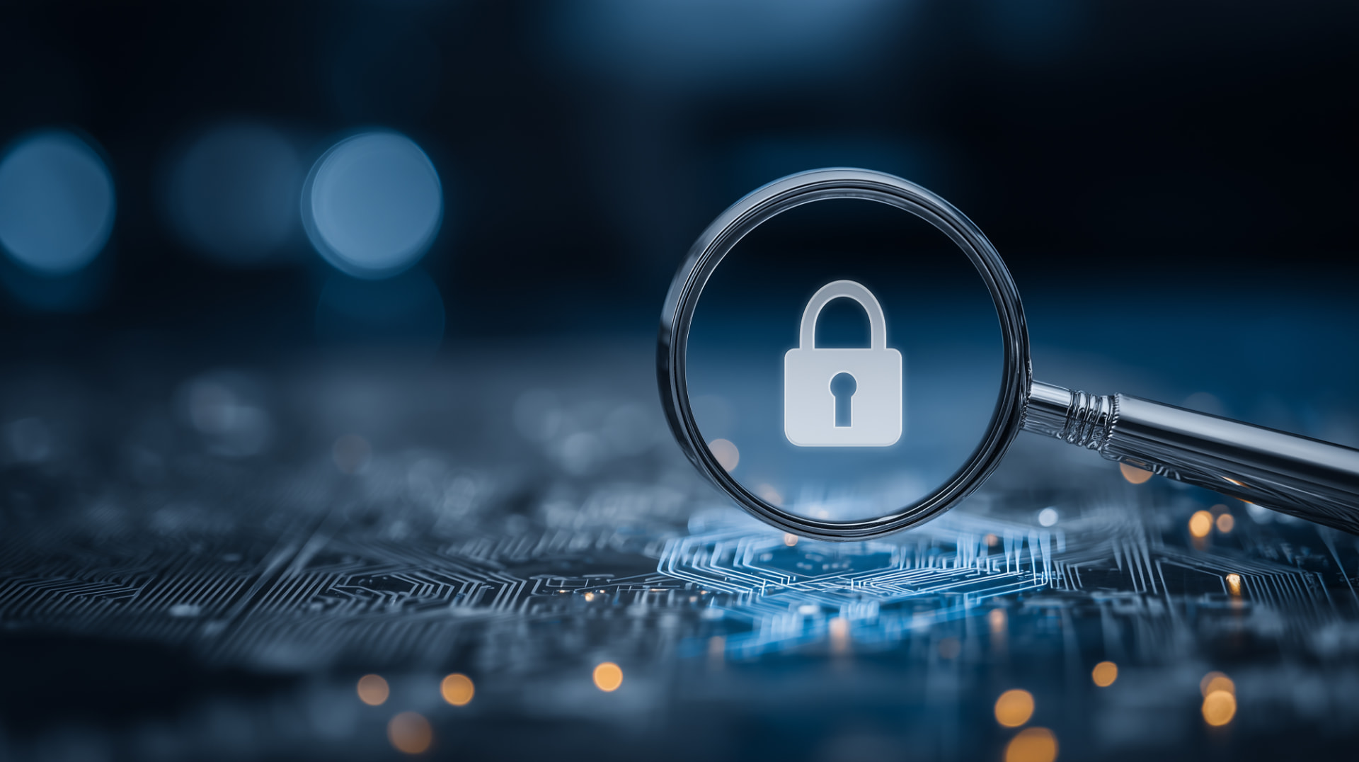 Magnifying glass over a digital security lock symbol.