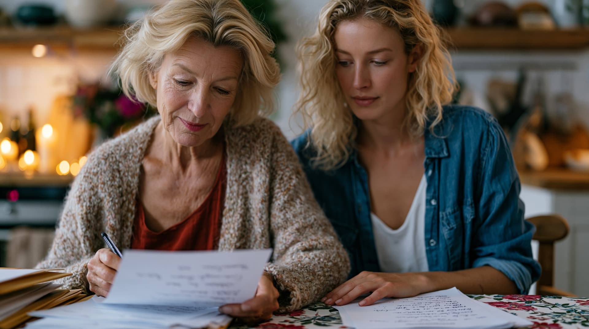 Two generations reviewing documents together