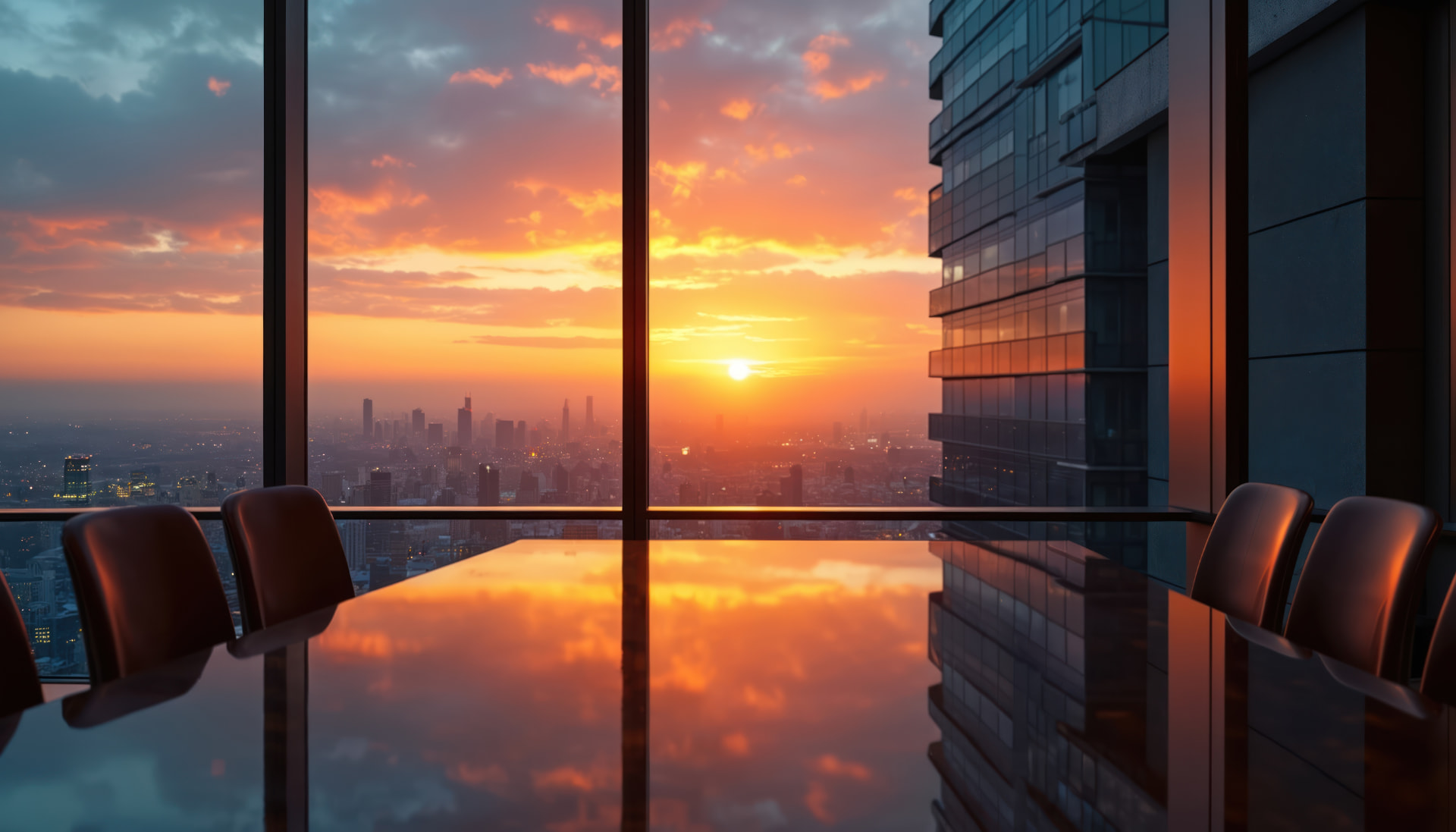 Boardroom table reflecting a city skyline at sunset through floor-to-ceiling windows.