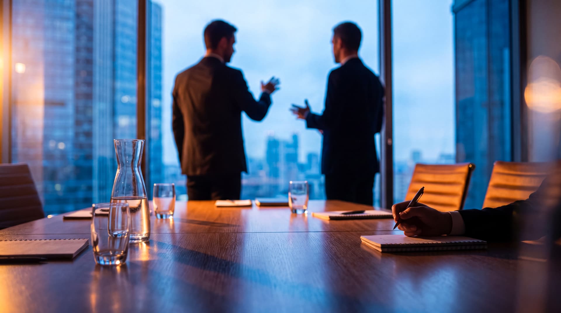 Boardroom table and leather chairs beside floor-to-ceiling windows at sunset.