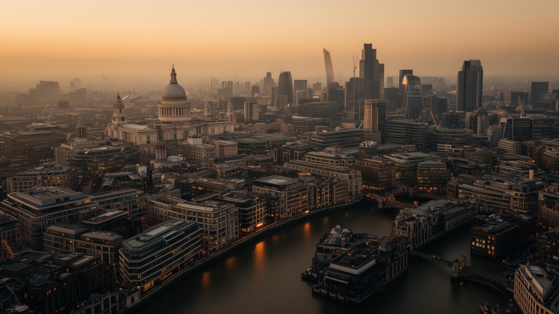 Aerial view of Central London at dusk, with St Paul's Cathedral and the City of London financial district skyline above the River Thames.
