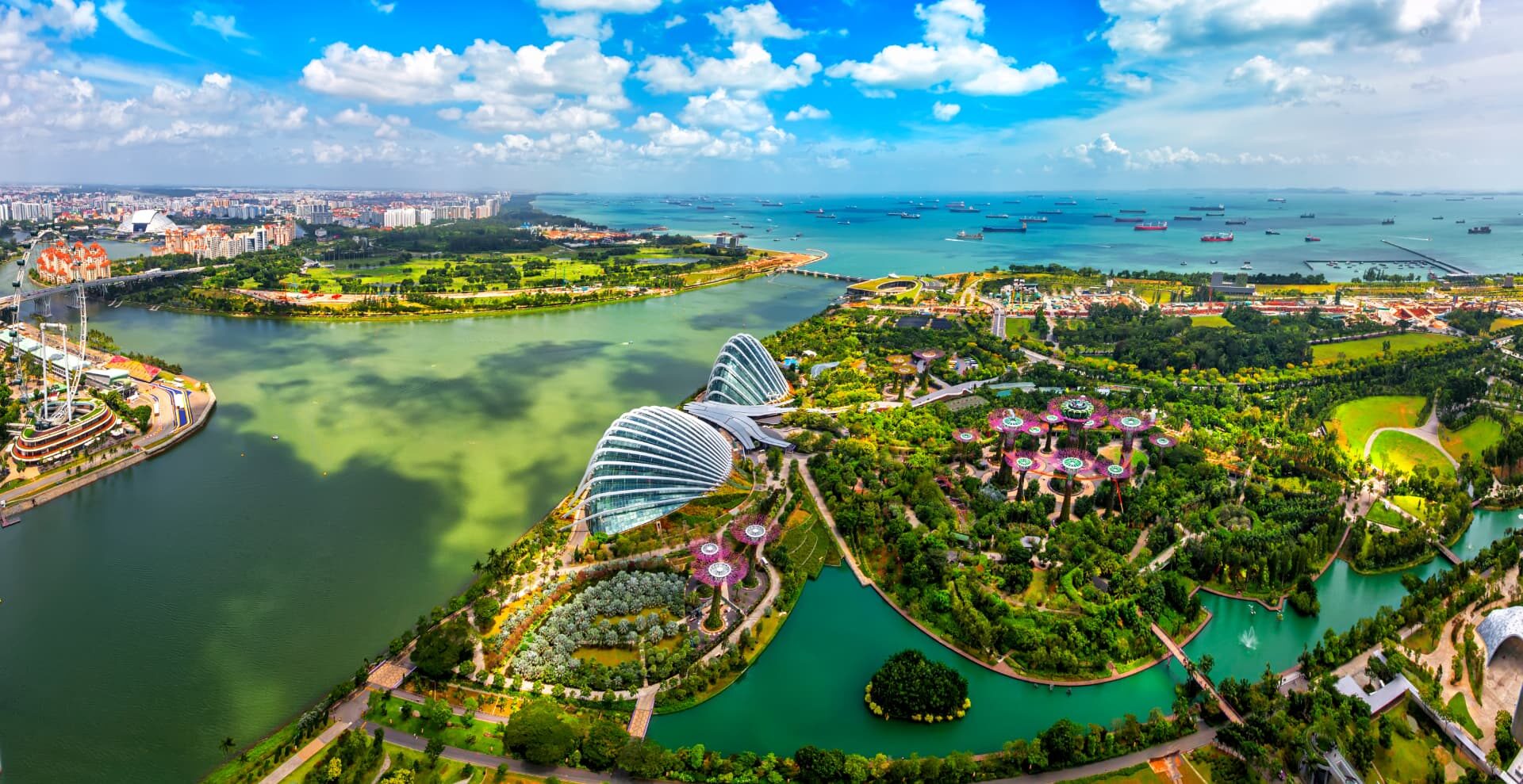 Aerial view of Gardens by the Bay and the Marina Reservoir, with cargo ships anchored offshore beyond the coastline.