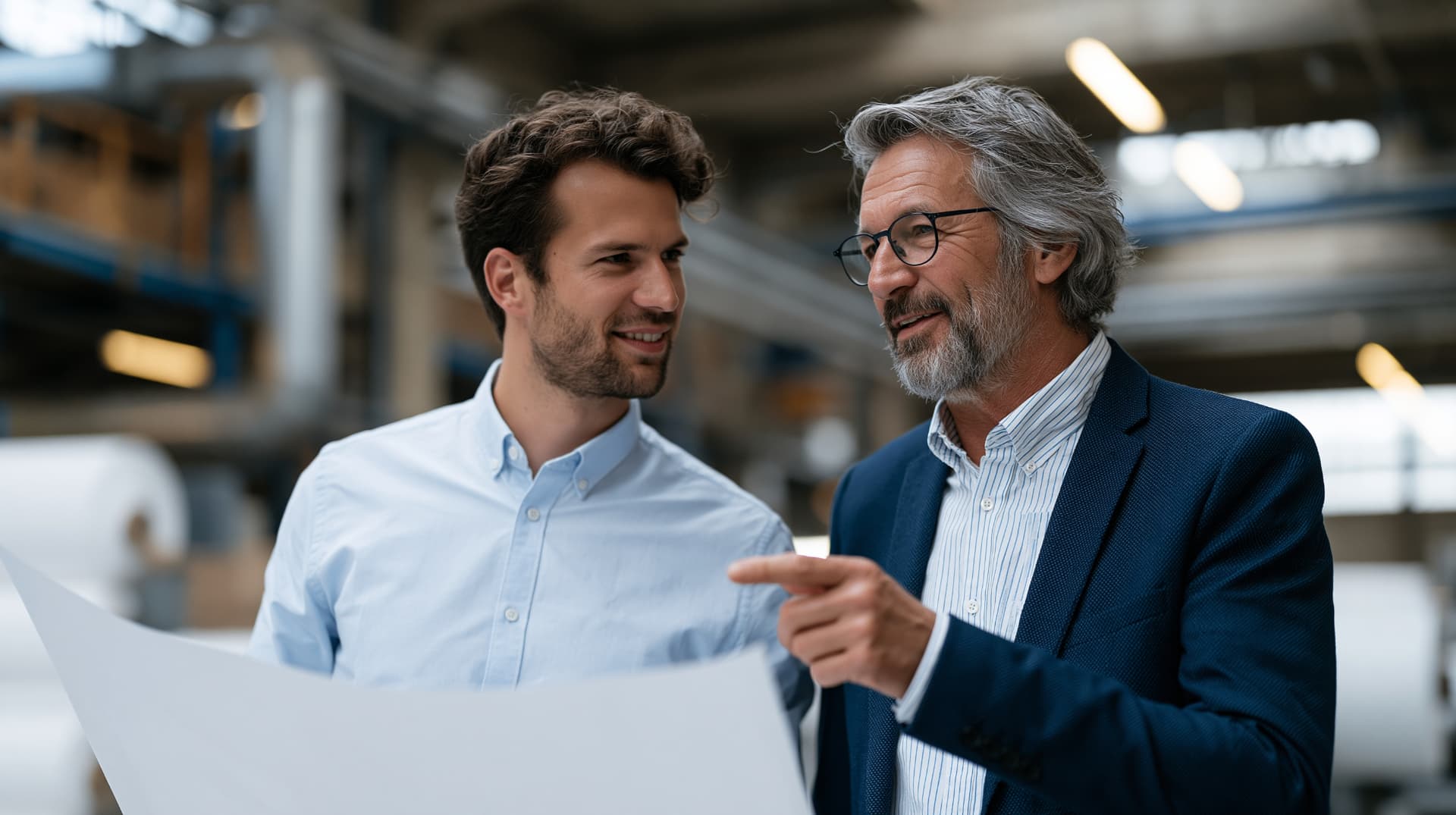 Two generations of business professionals reviewing plans together.