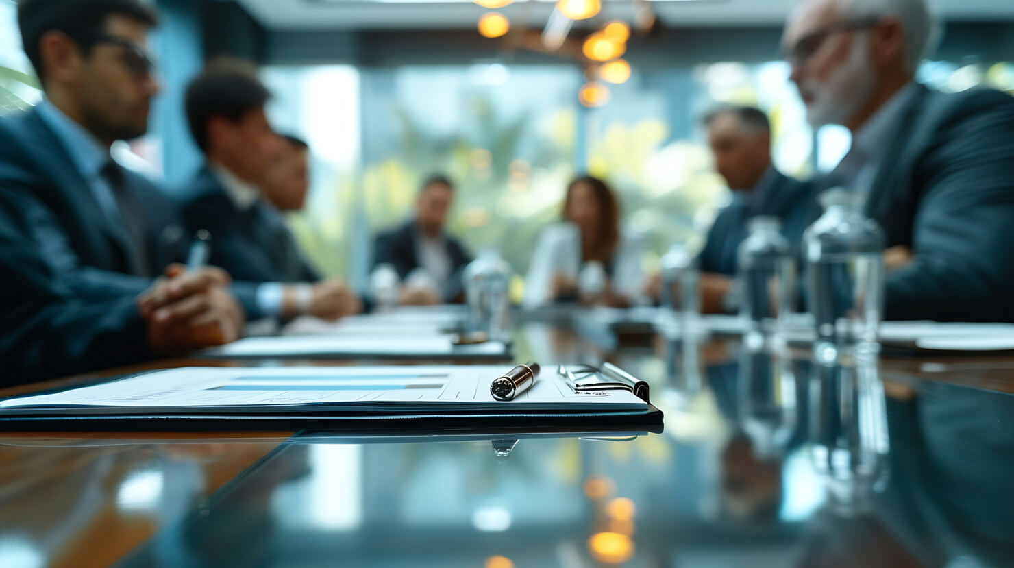 Professional meeting around a conference table with documents in the foreground