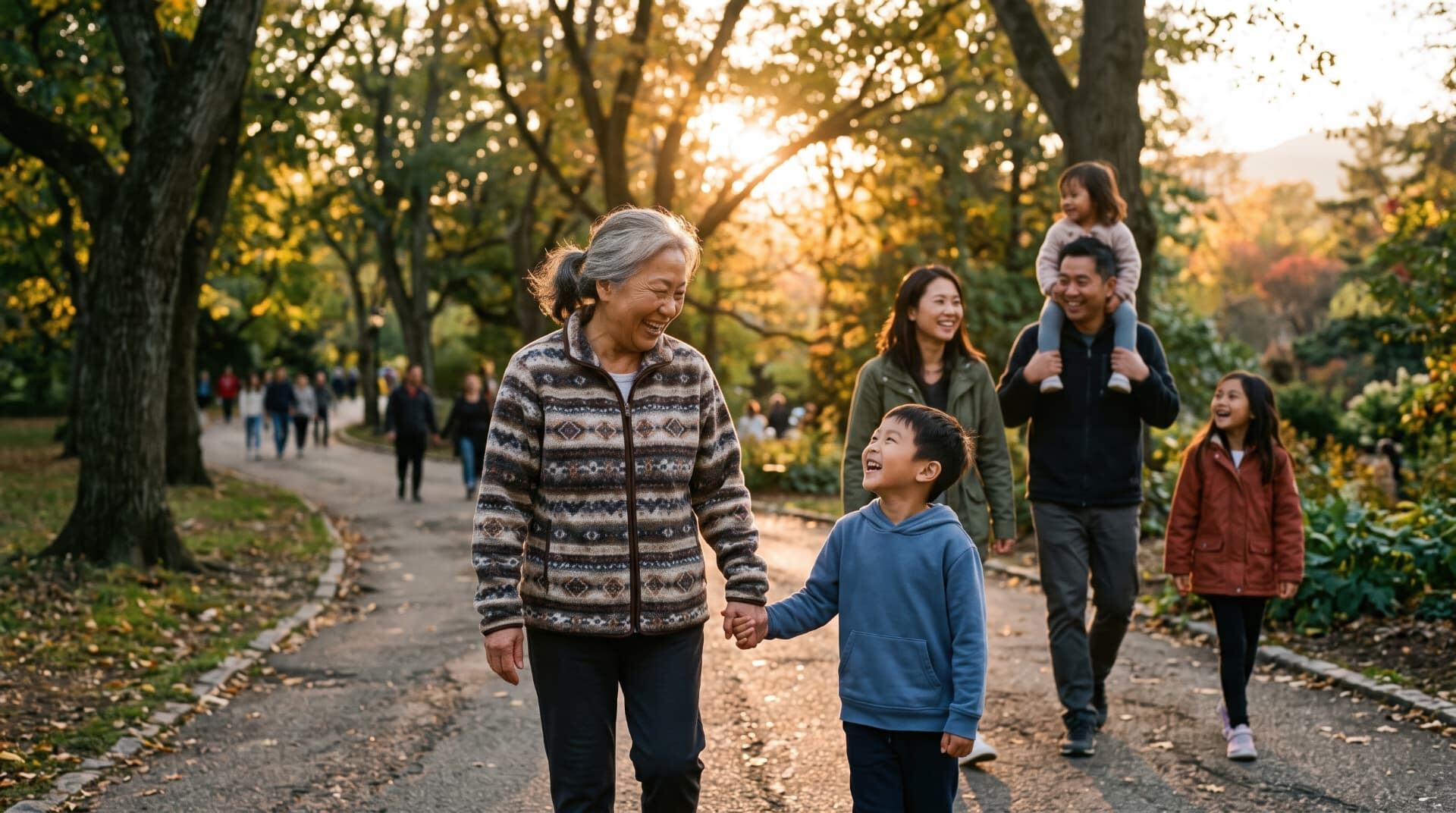 Multi-generational family walking together outdoors