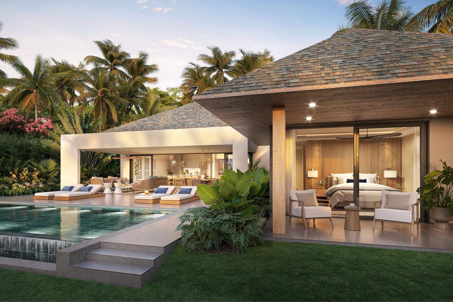 Visualisation of a single-storey villa at Mont Choisy, Mauritius, with an open living pavilion, bedroom terrace and pool among palm trees.