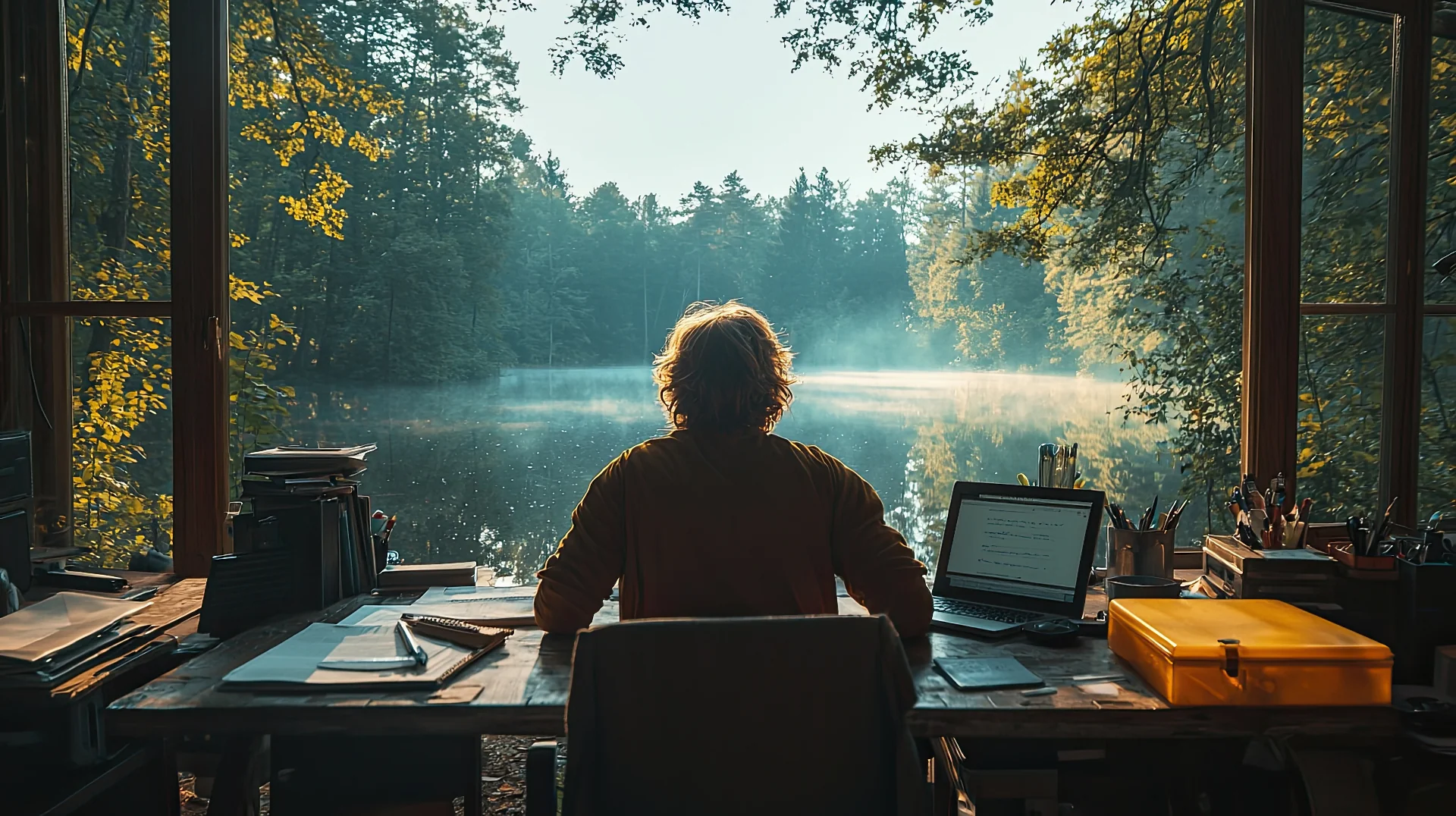 Writer at a sunlit desk overlooking a misty lake — Contributors to UK Private Wealth Magazine