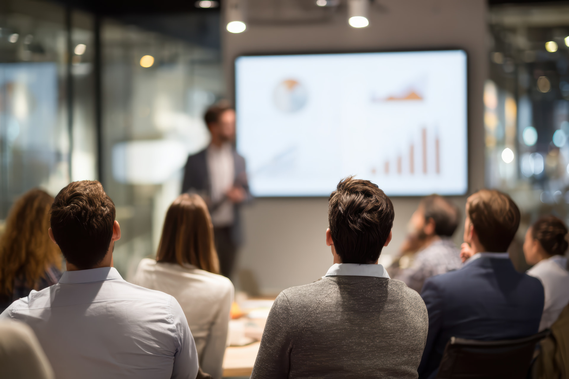 Delegates seated in a meeting room watching a presenter beside a screen showing performance charts.