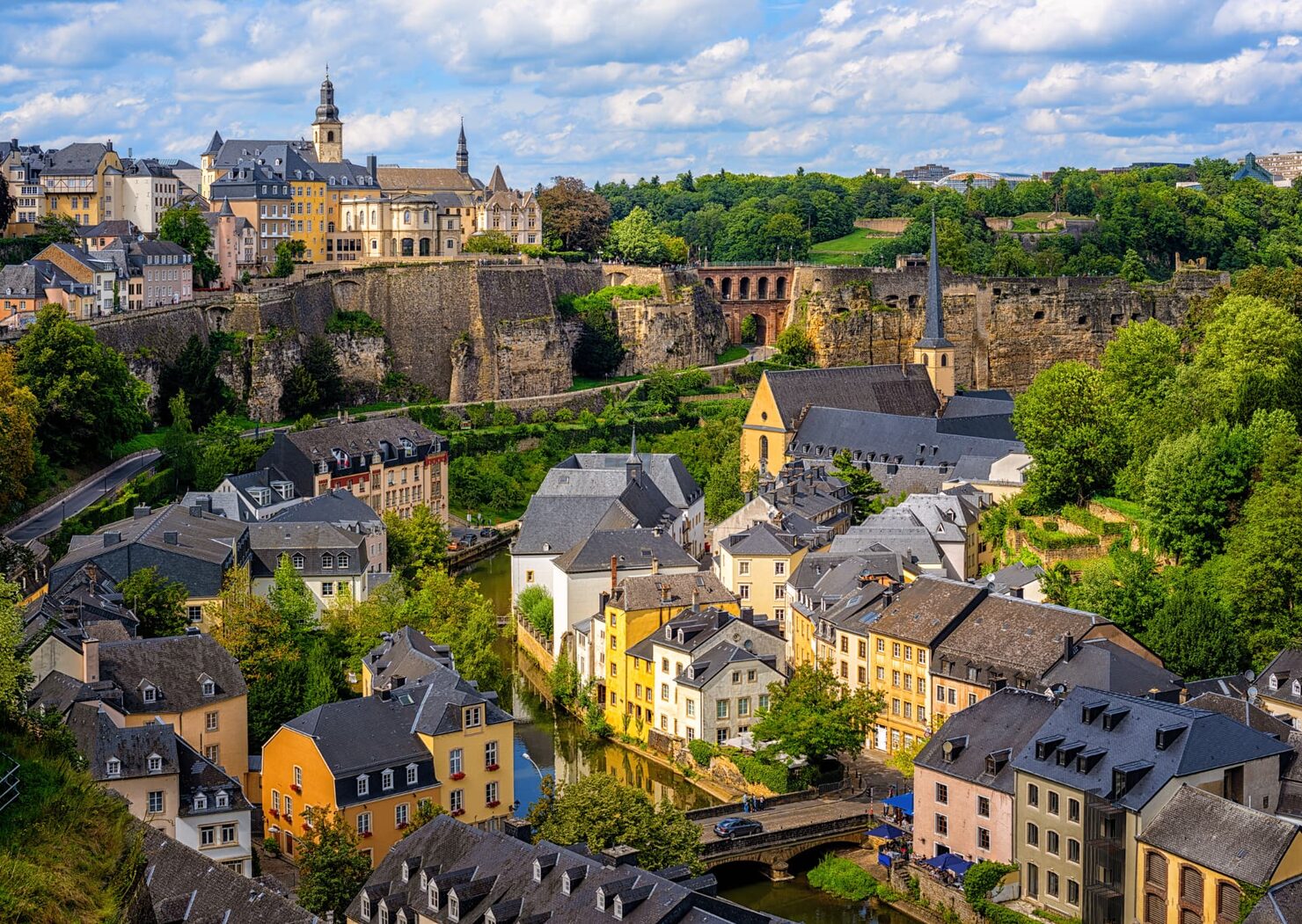 View over Luxembourg City's Grund quarter and the Alzette river, with the old town's fortifications on the cliffs above.