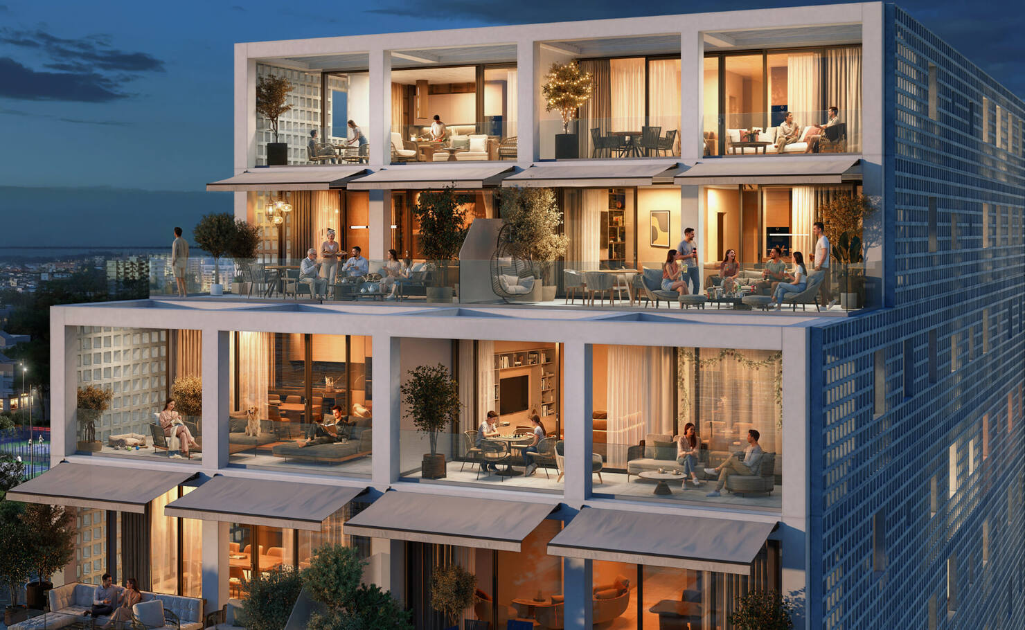 Architectural visualisation of terraced apartments with open living spaces at Vlora Marina on the Albanian Riviera at dusk.