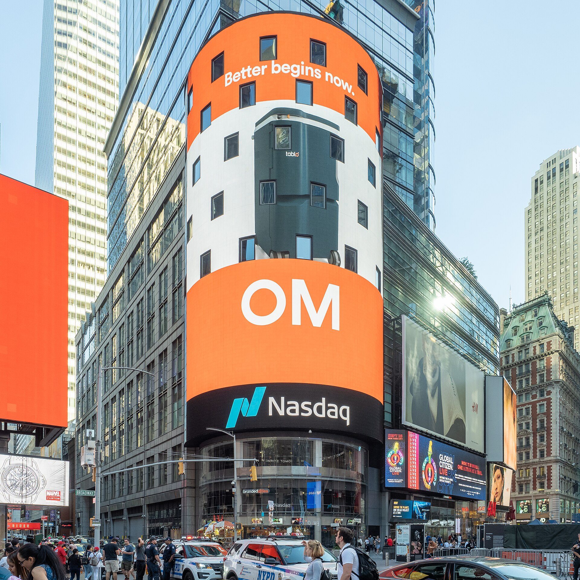 Nasdaq MarketSite tower with illuminated displays in Times Square, New York