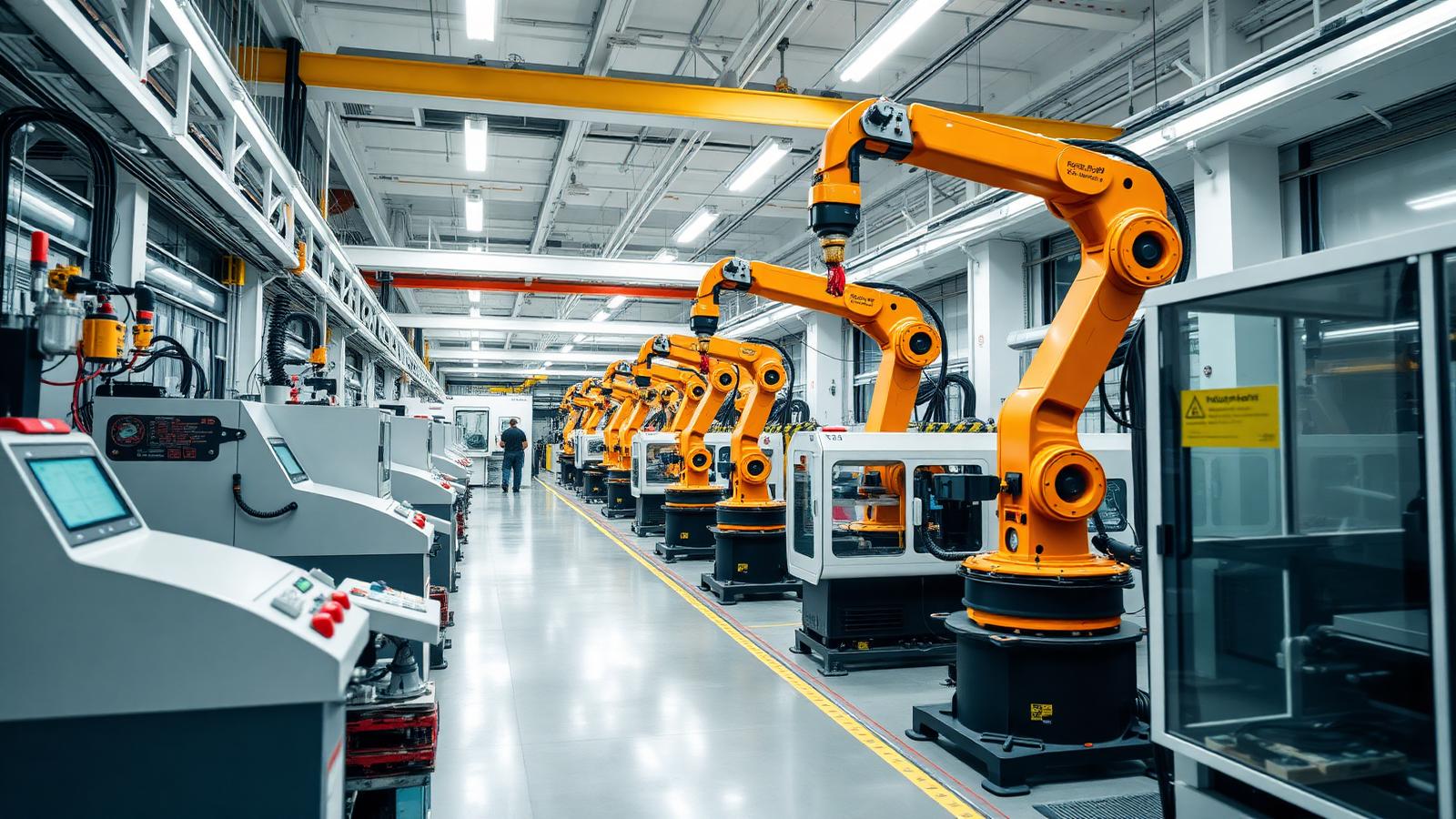 Advanced automated manufacturing plant with robotic arms, representing the Ohio facility backed by family capital