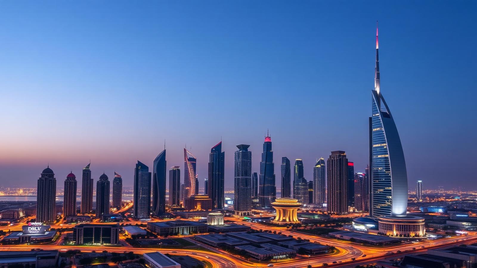 Dubai financial district skyline at dusk, representing the Dangote family office base in the UAE