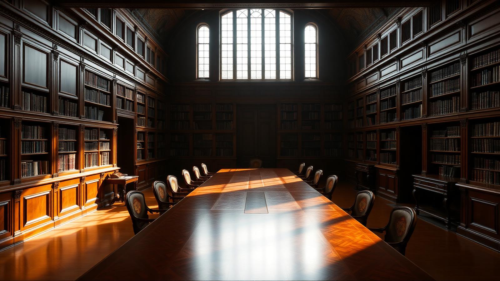 Sunlit panelled estate library with a long table, representing generational wealth transfer and succession