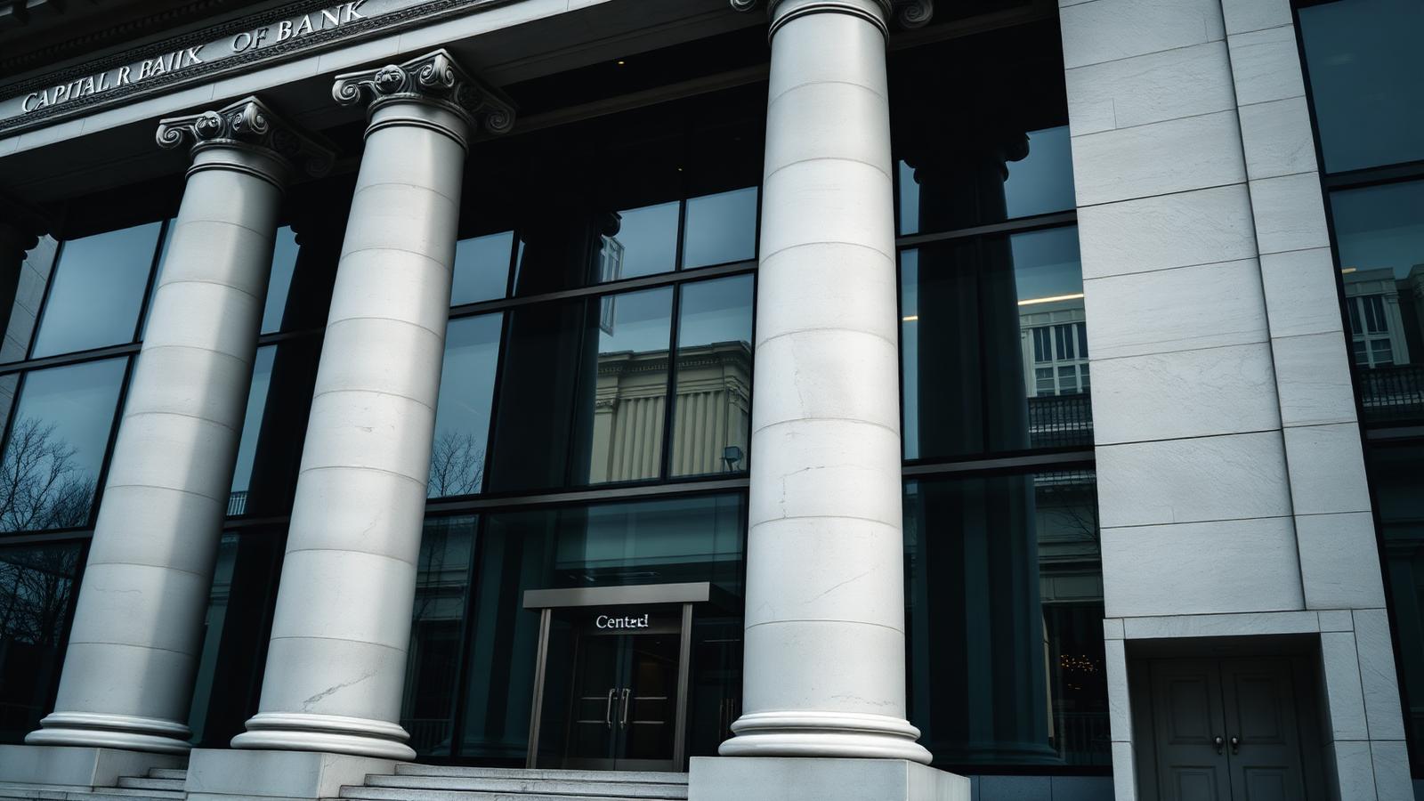 Austere institutional bank architecture with stone columns, representing capital markets funding for private credit