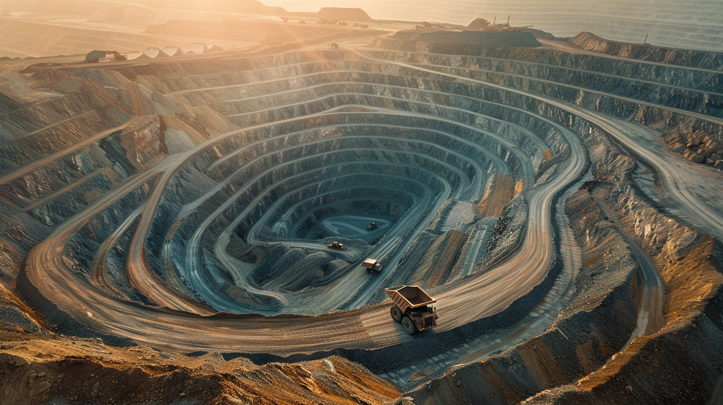 Aerial view of a vast open-pit copper mine at golden hour, terraced concentric rings descending into oxidised earth