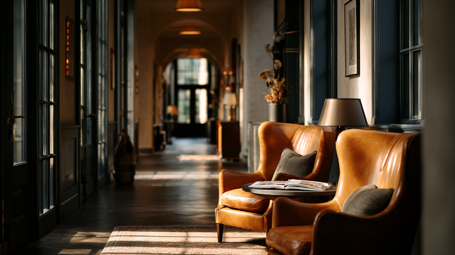 Quiet wood-panelled corridor with paired leather wing chairs and warm afternoon light