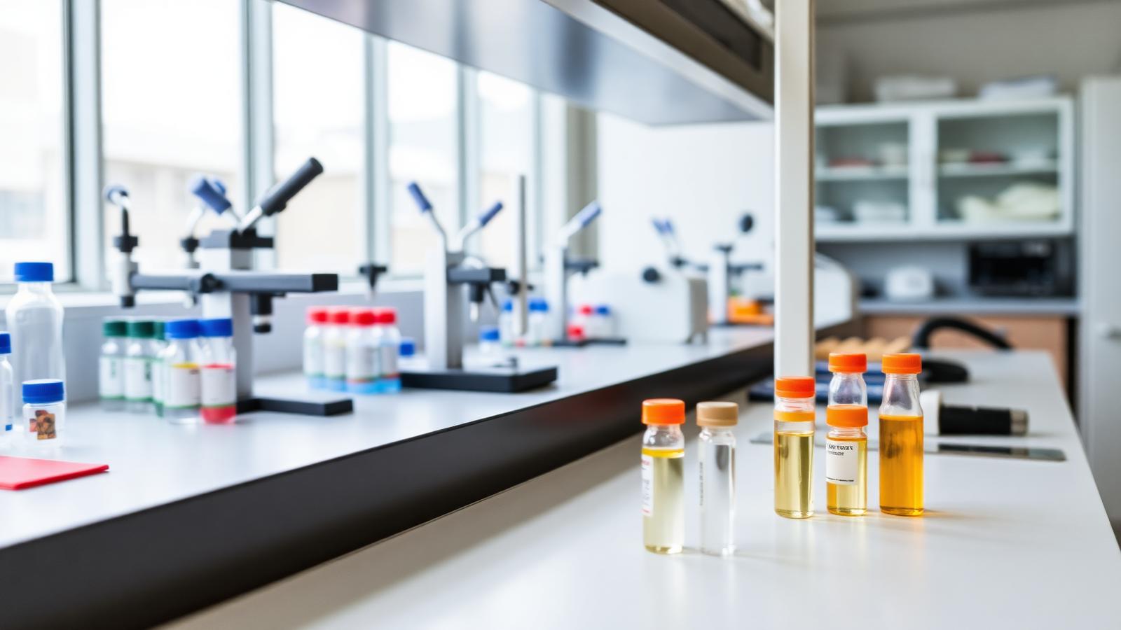 Modern oncology research laboratory bench with sample vials, representing Kazia Therapeutics' clinical programme