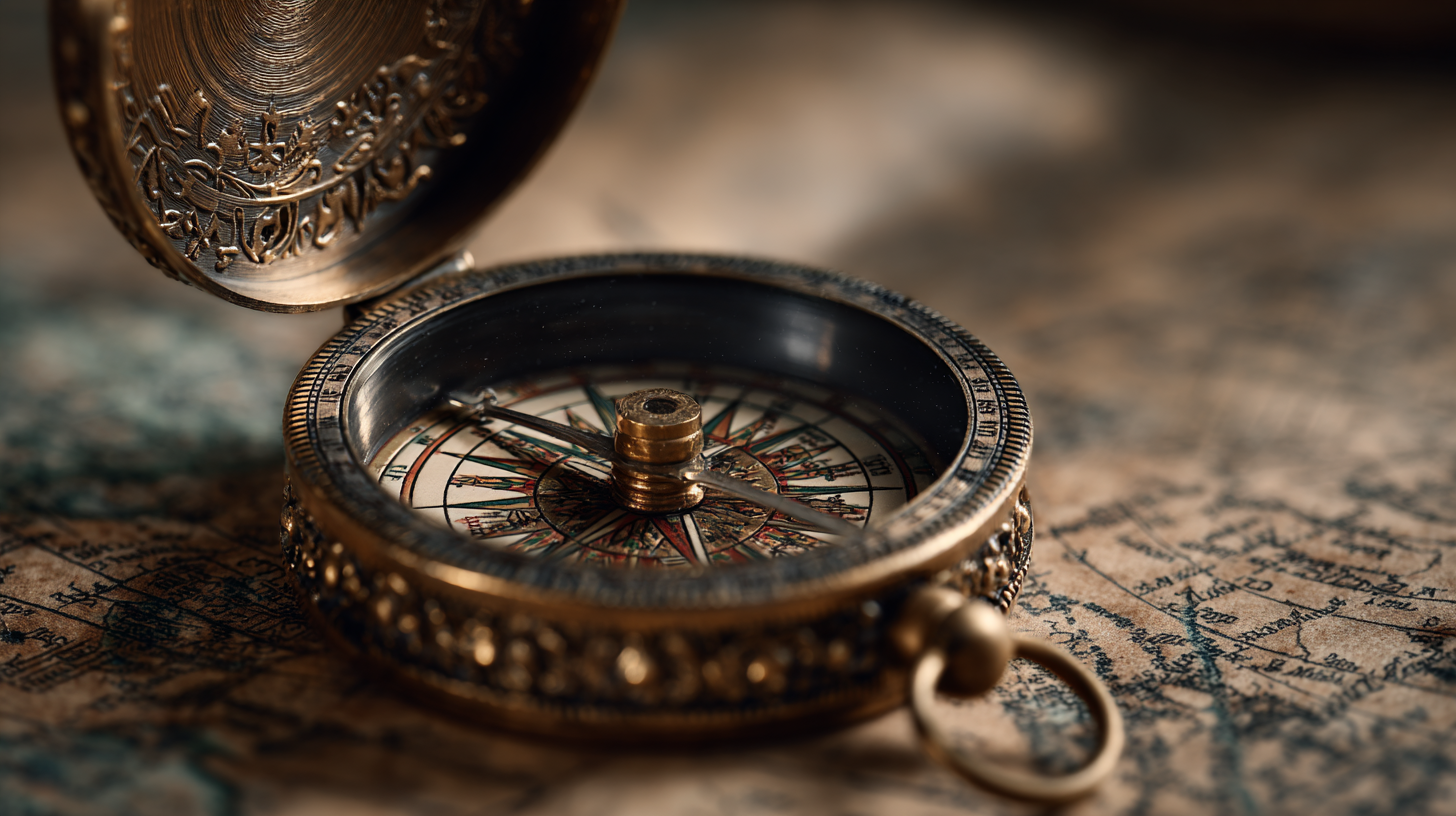 Antique brass compass open on a weathered map, warm low light