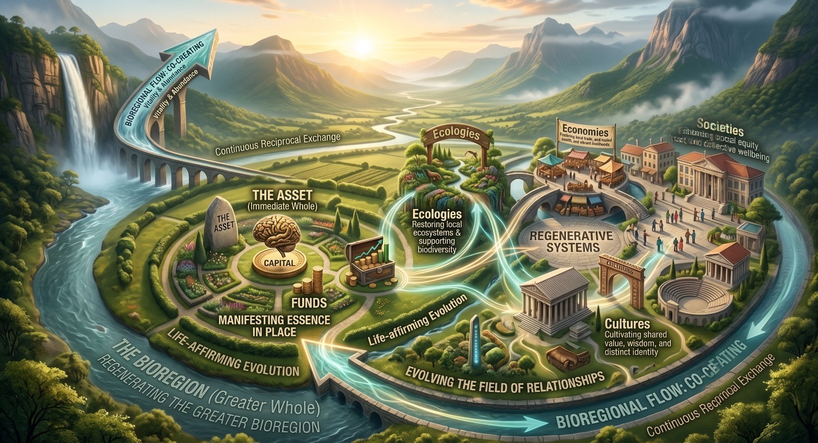 Illustrated bioregional landscape mapping the flow of capital through ecologies, economies, societies and cultures