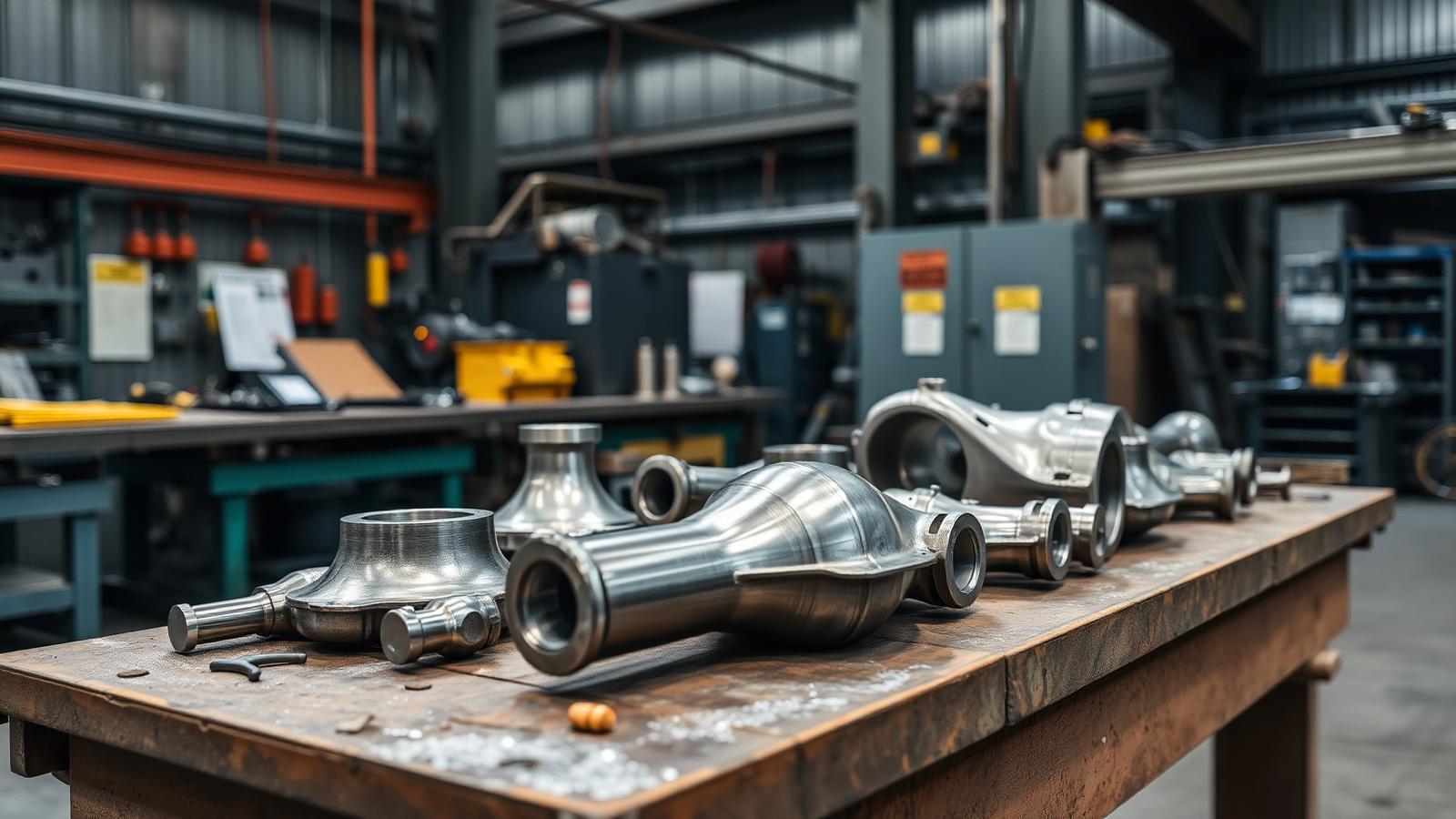 Precision cast metal aerospace components on a workshop bench, representing Alphacasting's production