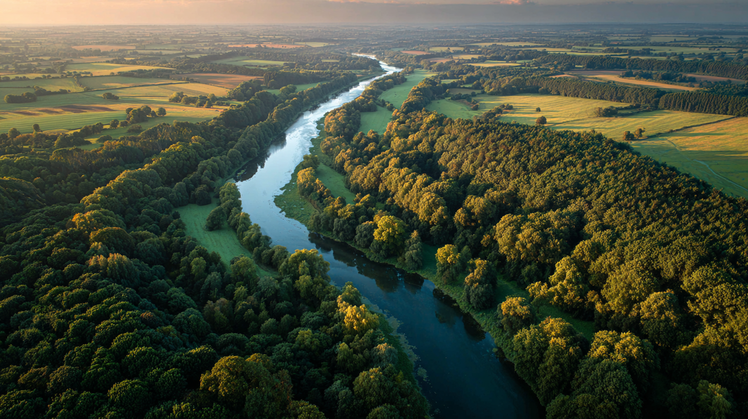 Aerial view of a meandering river through ancient woodland and patchwork fields at golden hour