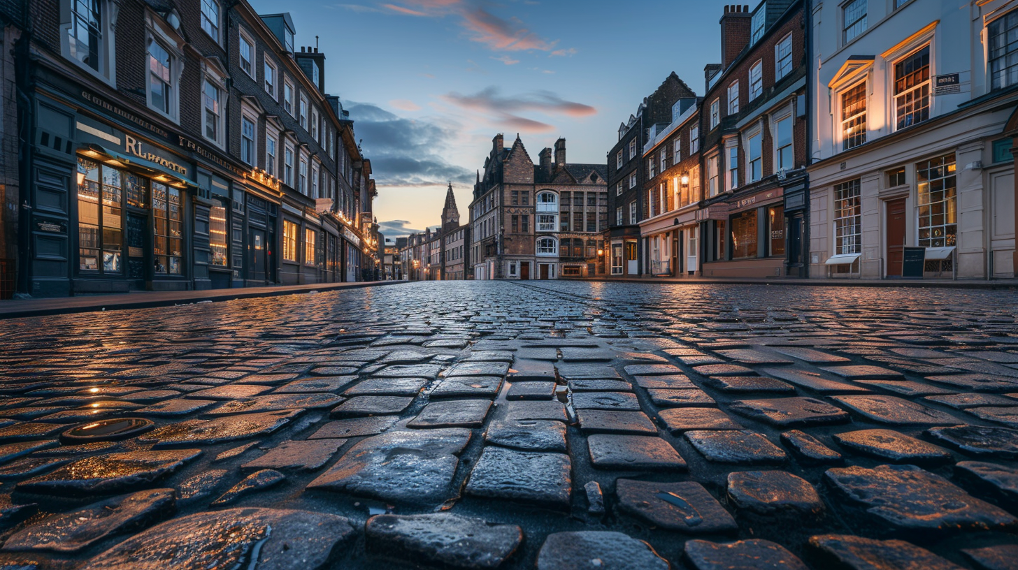 Empty cobblestone street at dawn flanked by historic buildings — place-based investing and urban regeneration