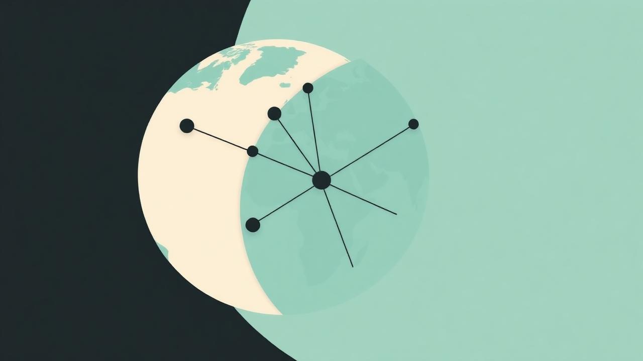 Abstract teal globe crossed by connecting nodes and arcs representing a global approach to family office talent
