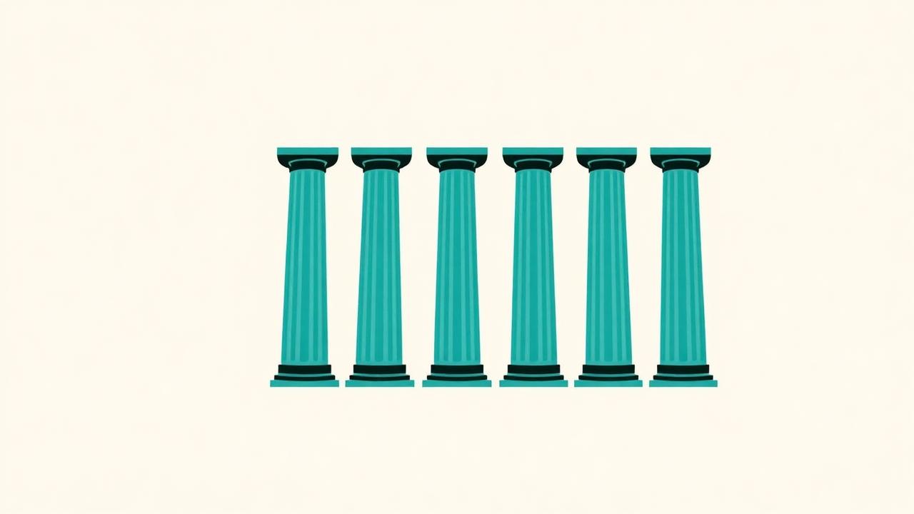Abstract teal architectural columns rising against a cream background representing legal partnership promotions in Jersey