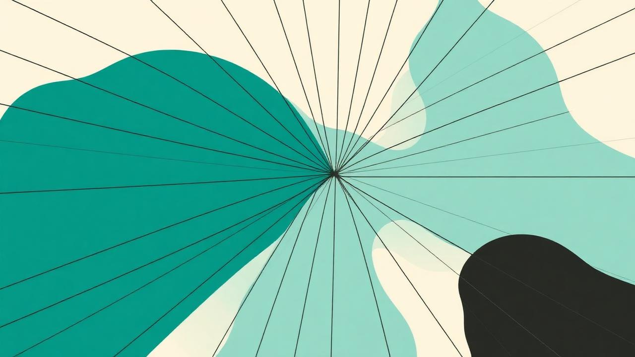 Abstract teal converging lines meeting at a central hub representing key takeaways from a family office symposium