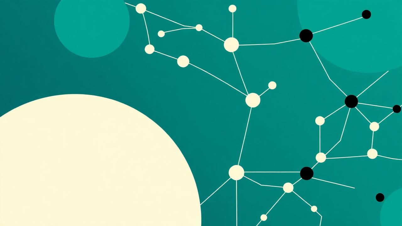 Abstract teal circuit-board connectivity pattern representing a bank platform linking UHNW clients with the innovation economy